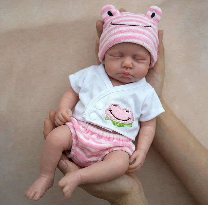 Lily Pad 30cm Full Solid Silicone Sleeping Reborn Baby Doll ✨ Hand-Rooted Lashes, Ultra Soft Stretchable Limbs, Pink Frog Outfit Included