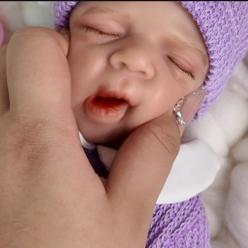 Lavender Bloom 30cm Full Solid Silicone Open-Mouth Sleeping Reborn Baby Doll ✨ Stretchable Limbs, Washable, Purple Floral Knit Outfit Included