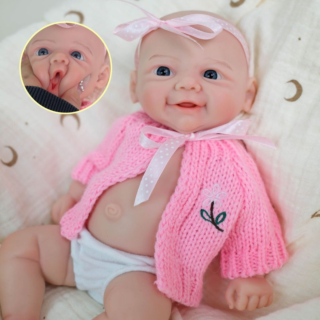 Daisy Mae 30cm Full Solid Silicone Open-Mouth Girl Reborn Baby Doll ✨ Stretchable Limbs, Washable, Pink Knit Bow Outfit Included