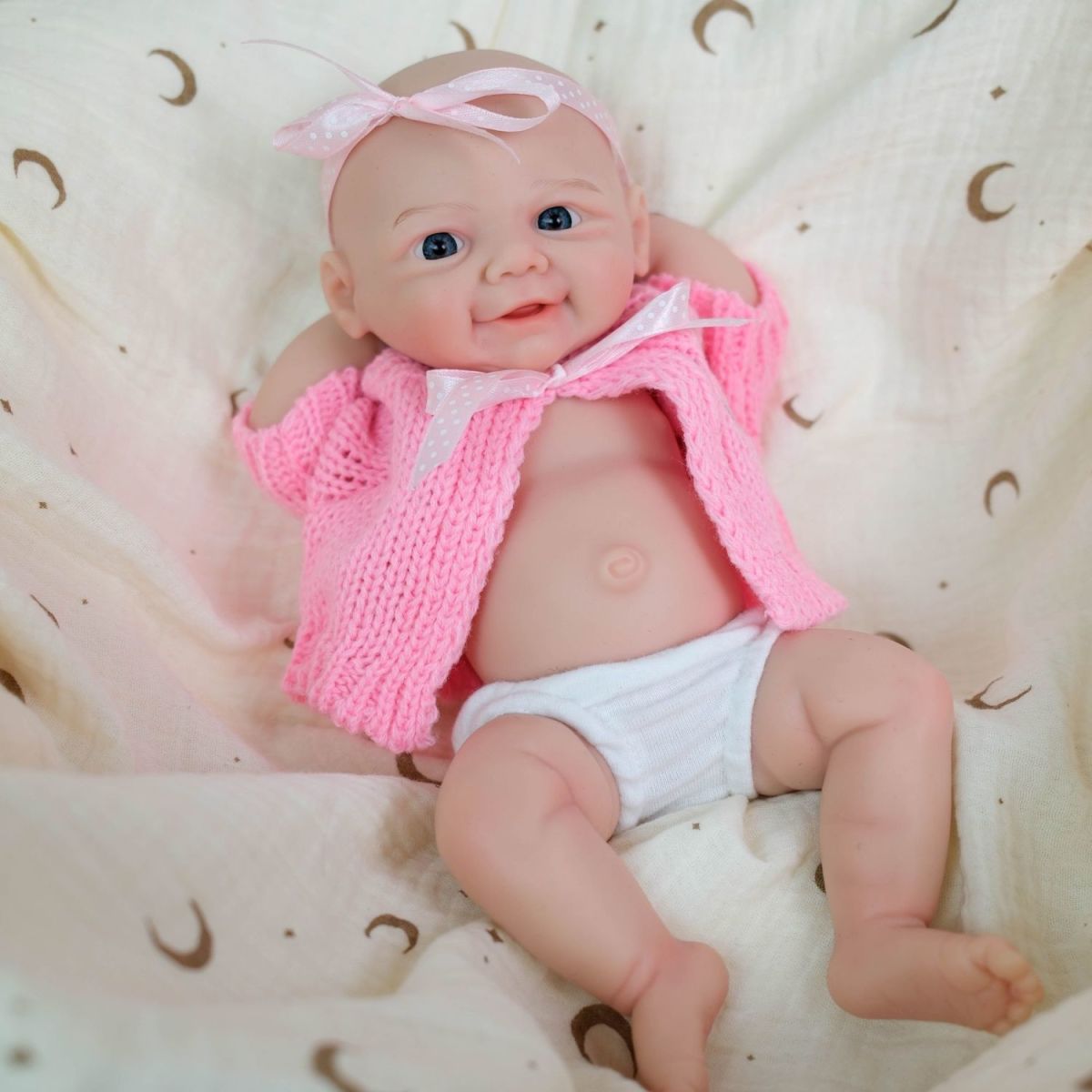 Daisy Mae 30cm Full Solid Silicone Open-Mouth Girl Reborn Baby Doll ✨ Stretchable Limbs, Washable, Pink Knit Bow Outfit Included