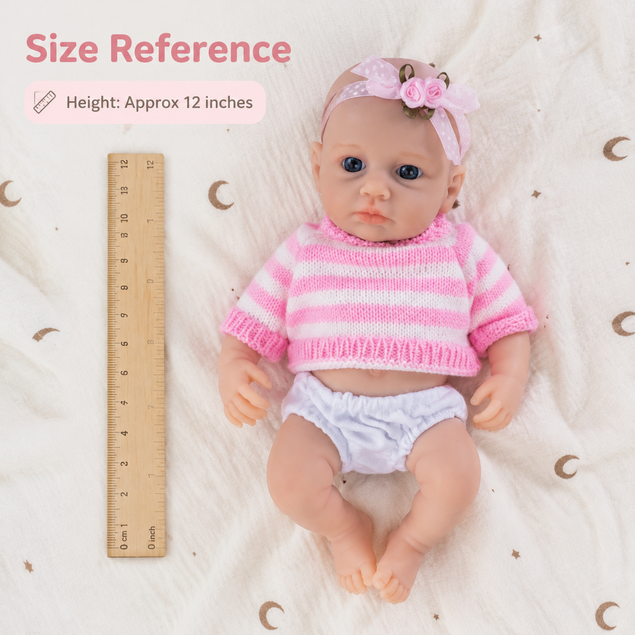 Boneca Bebê Reborn de Silicone Sólido Lulu 20cm, Membros Flexíveis, Roupa de Malha Listrada Rosa Incluída
