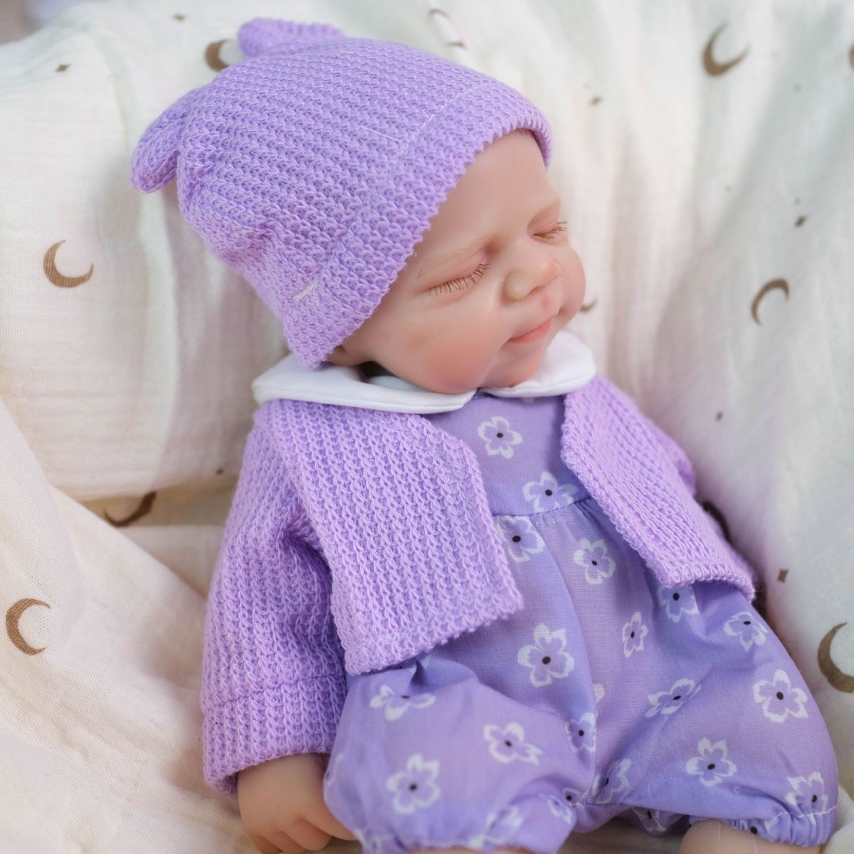 Lavender Bloom 30cm Full Solid Silicone Open-Mouth Sleeping Reborn Baby Doll ✨ Stretchable Limbs, Washable, Purple Floral Knit Outfit Included