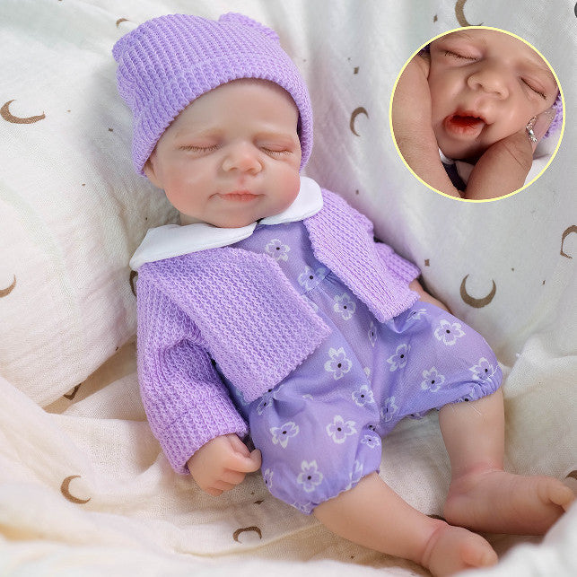 Lavender Bloom 30cm Full Solid Silicone Open-Mouth Sleeping Reborn Baby Doll ✨ Stretchable Limbs, Washable, Purple Floral Knit Outfit Included