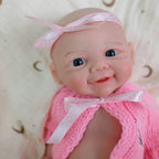 Daisy Mae 30cm Full Solid Silicone Open-Mouth Girl Reborn Baby Doll ✨ Stretchable Limbs, Washable, Pink Knit Bow Outfit Included