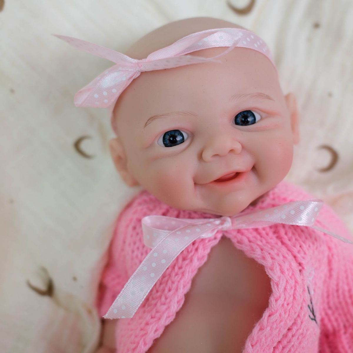 Daisy Mae 30cm Full Solid Silicone Open-Mouth Girl Reborn Baby Doll ✨ Stretchable Limbs, Washable, Pink Knit Bow Outfit Included