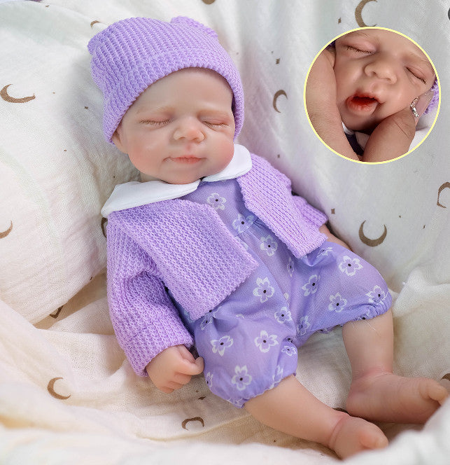 Lavender Bloom 30cm Full Solid Silicone Open-Mouth Sleeping Reborn Baby Doll ✨ Stretchable Limbs, Washable, Purple Floral Knit Outfit Included