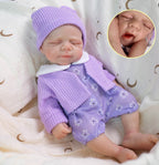 Lavender Bloom 30cm Full Solid Silicone Open-Mouth Sleeping Reborn Baby Doll ✨ Stretchable Limbs, Washable, Purple Floral Knit Outfit Included