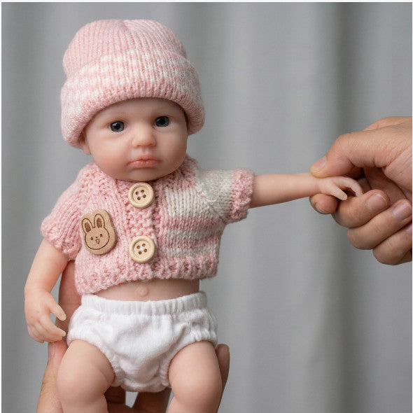 Luna Belle 20cm Full Solid Silicone Reborn Baby Doll ✨ Stretchable Limbs, Taiwan Acrylic Eyes, Pink Bunny Knit Outfit Included