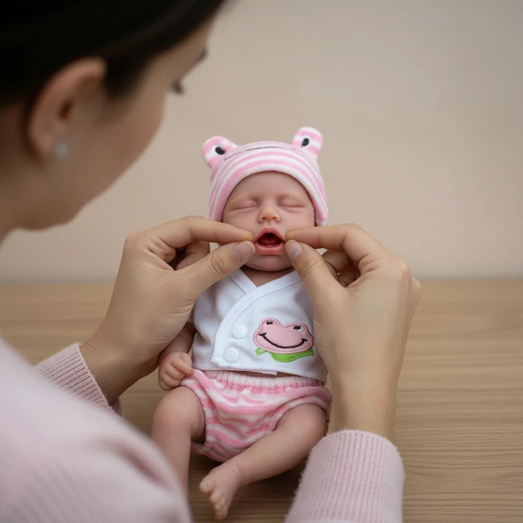 Lily Pad 30cm Full Solid Silicone Sleeping Reborn Baby Doll ✨ Hand-Rooted Lashes, Ultra Soft Stretchable Limbs, Pink Frog Outfit Included