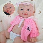 Daisy Mae 30cm Full Solid Silicone Open-Mouth Girl Reborn Baby Doll ✨ Stretchable Limbs, Washable, Pink Knit Bow Outfit Included