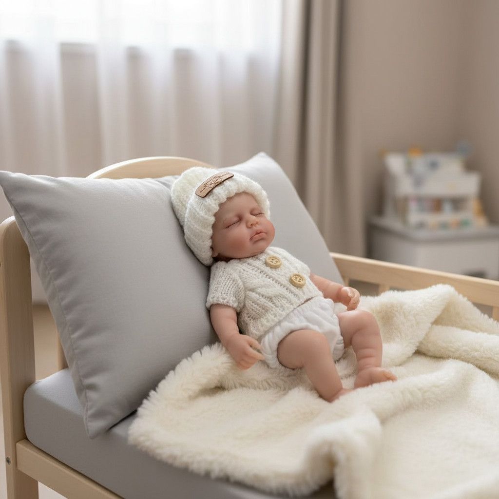Oliver James 20cm Mini Full Solid Silicone Reborn Baby Doll Washable, Stretchable Limbs, Closed Eyes Sleeping Newborn, White Knit Outfit Included