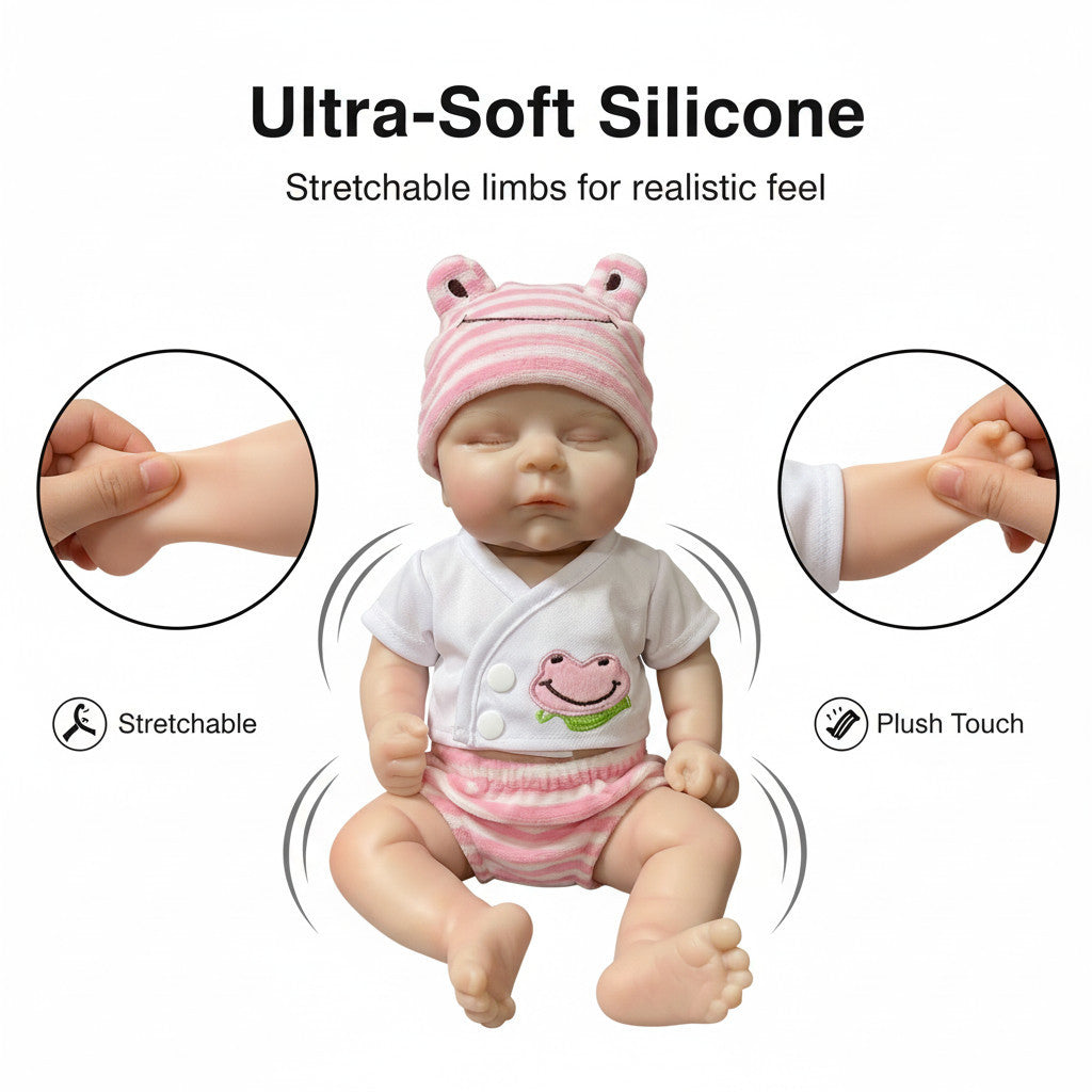 Froggy Mae 30cm Full Solid Silicone Reborn Baby Doll Stretchable Limbs, Frog Outfit Included