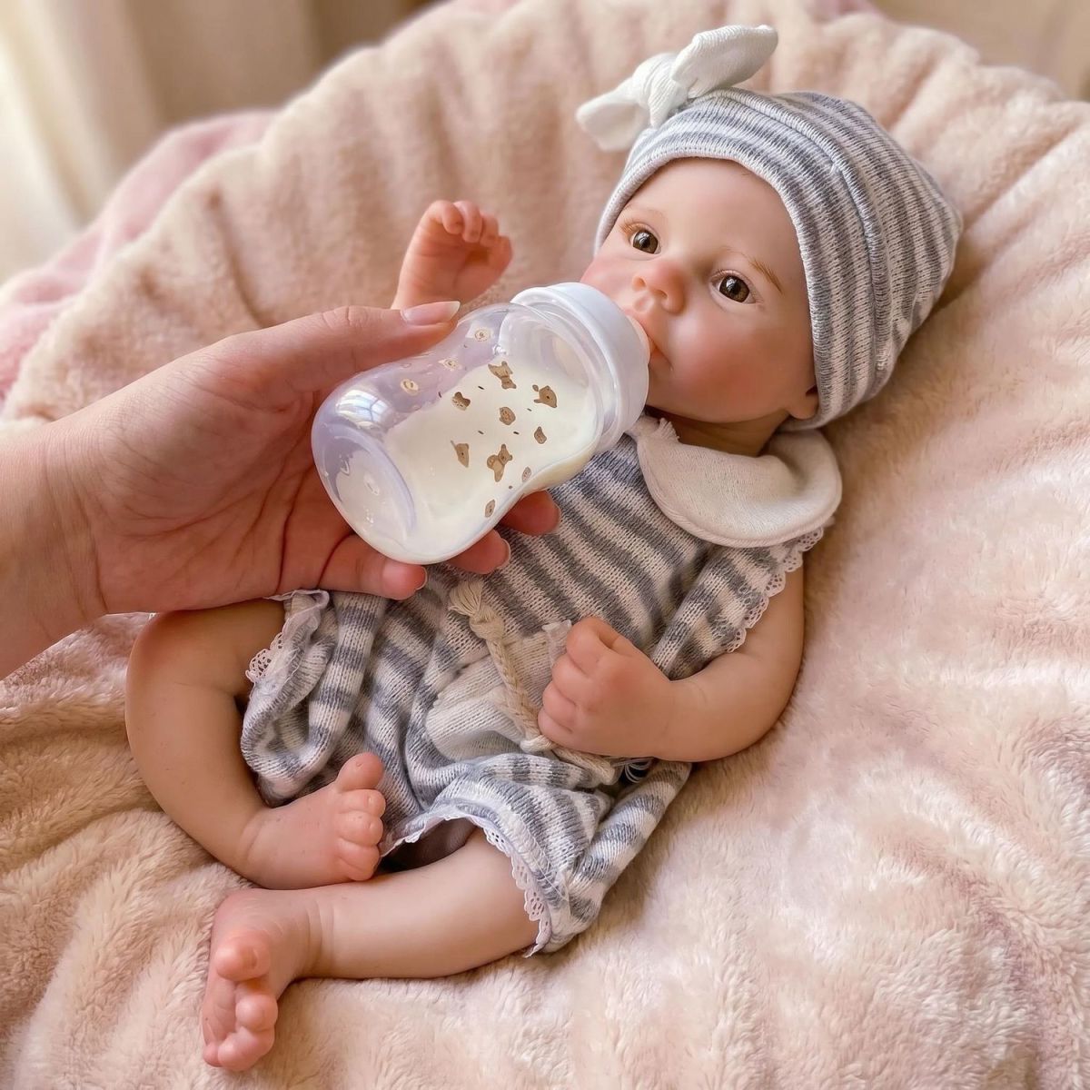 Willow Grace 30cm Ultra Soft Platinum Silicone Reborn Baby Doll ✨ Bouncy Stretchable Limbs, Cute Striped Bunny Outfit Included