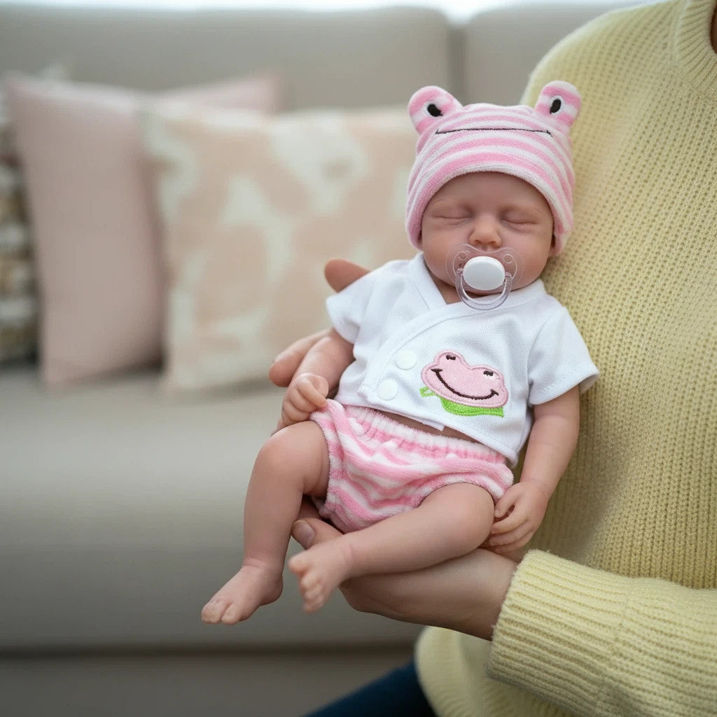 Lily Pad 30cm Full Solid Silicone Sleeping Reborn Baby Doll ✨ Hand-Rooted Lashes, Ultra Soft Stretchable Limbs, Pink Frog Outfit Included