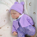 Lavender Bloom 30cm Full Solid Silicone Open-Mouth Sleeping Reborn Baby Doll ✨ Stretchable Limbs, Washable, Purple Floral Knit Outfit Included