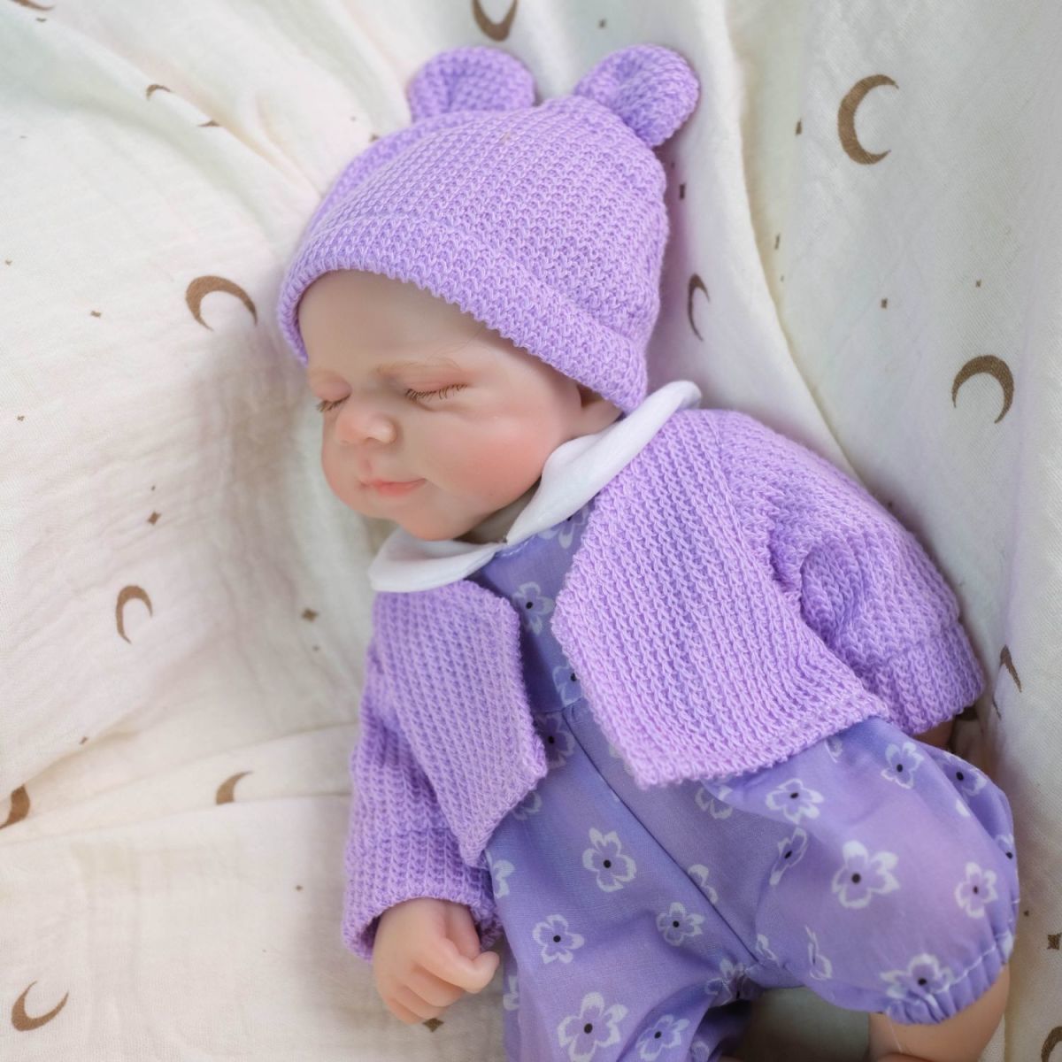 Lavender Bloom 30cm Full Solid Silicone Open-Mouth Sleeping Reborn Baby Doll ✨ Stretchable Limbs, Washable, Purple Floral Knit Outfit Included