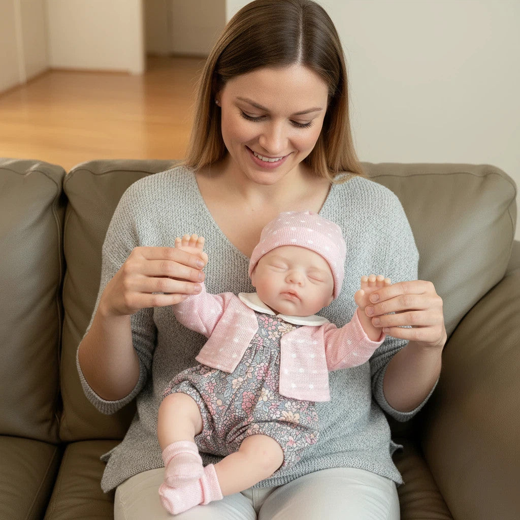 Lily Anne 30cm Full Solid Silicone Open-Eye Reborn Baby Doll, Pink Floral Romper Outfit Included