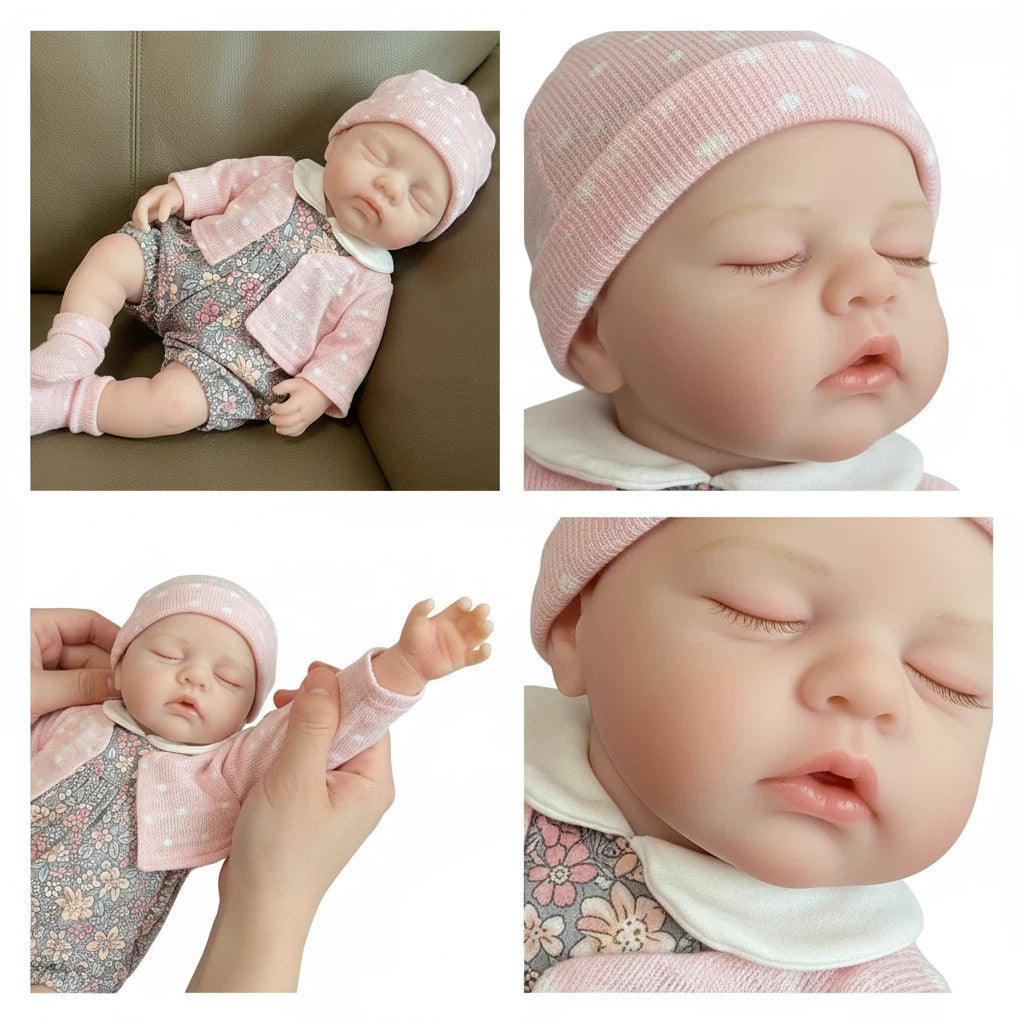 Lily Anne 30cm Full Solid Silicone Open-Eye Reborn Baby Doll, Pink Floral Romper Outfit Included