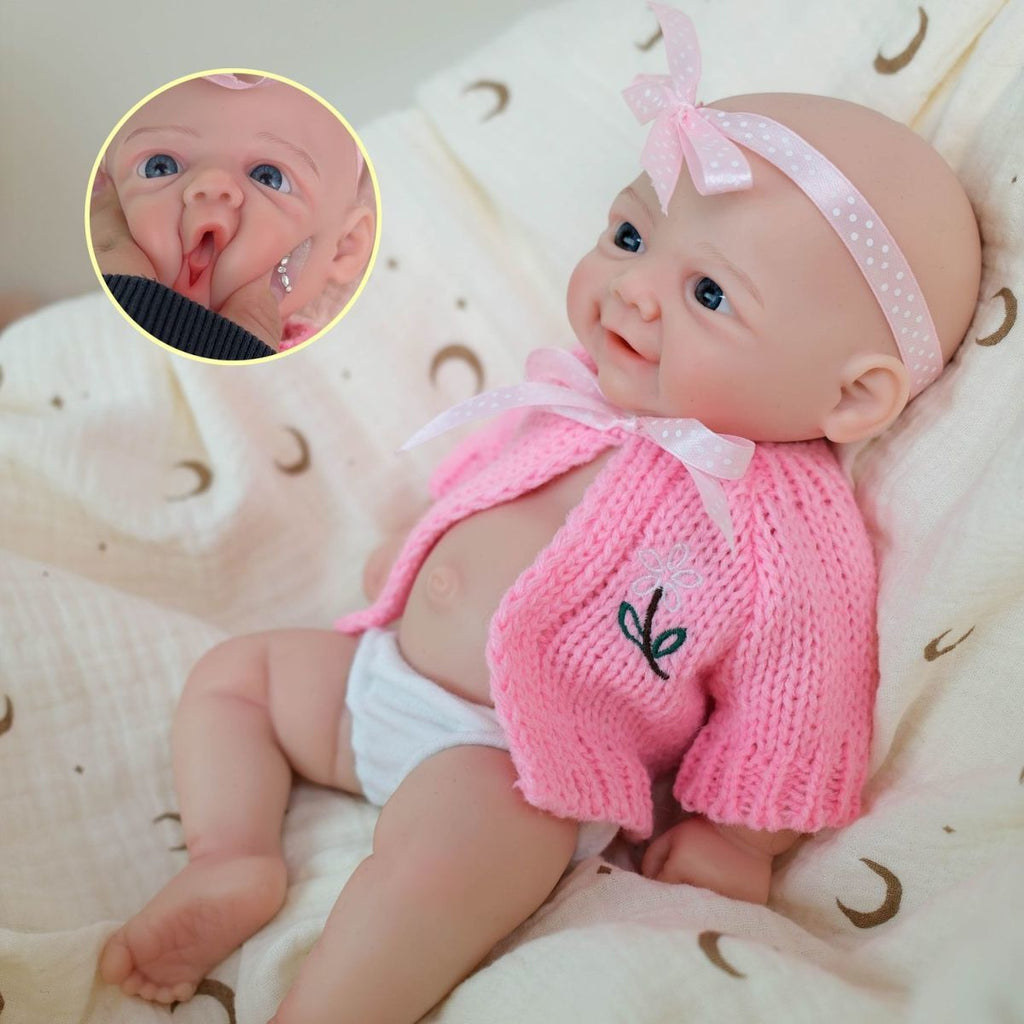 Daisy Mae 30cm Full Solid Silicone Open-Mouth Girl Reborn Baby Doll ✨ Stretchable Limbs, Washable, Pink Knit Bow Outfit Included