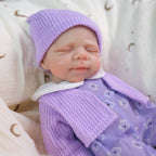 Lavender Bloom 30cm Full Solid Silicone Open-Mouth Sleeping Reborn Baby Doll ✨ Stretchable Limbs, Washable, Purple Floral Knit Outfit Included