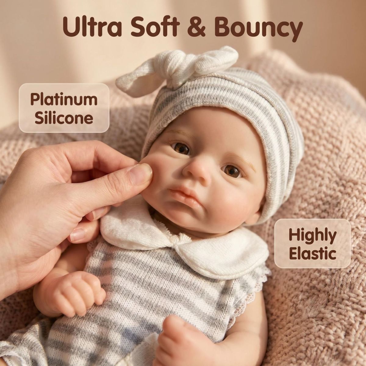 Willow Grace 30cm Ultra Soft Platinum Silicone Reborn Baby Doll ✨ Bouncy Stretchable Limbs, Cute Striped Bunny Outfit Included
