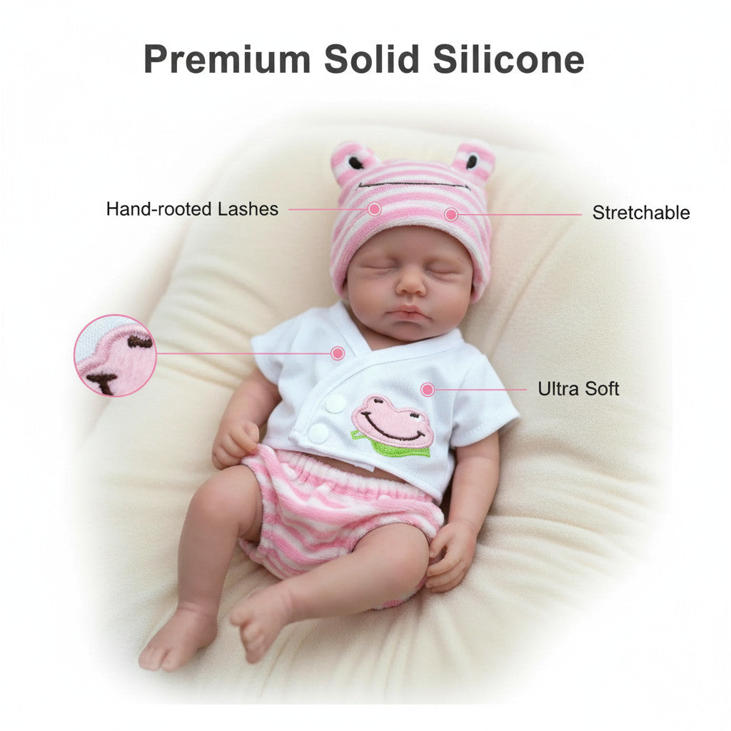 Lily Pad 30cm Full Solid Silicone Sleeping Reborn Baby Doll ✨ Hand-Rooted Lashes, Ultra Soft Stretchable Limbs, Pink Frog Outfit Included
