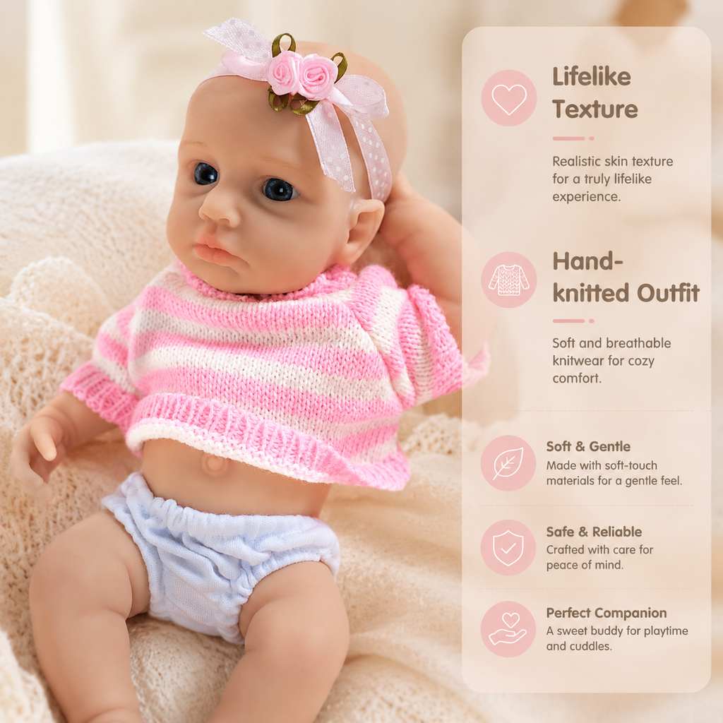Boneca Bebê Reborn de Silicone Sólido Lulu 20cm, Membros Flexíveis, Roupa de Malha Listrada Rosa Incluída