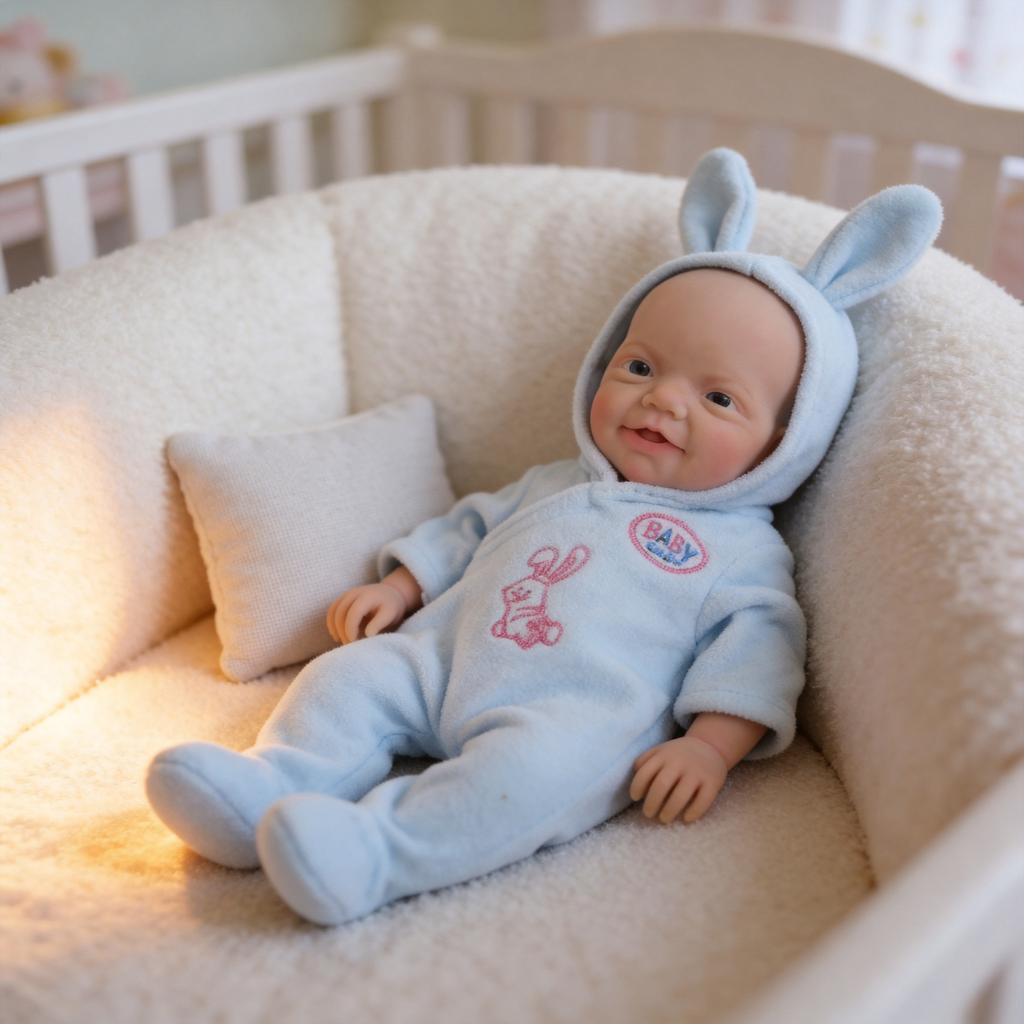 Boneca Bebê Reborn de Silicone Sólido Completo, 20cm, da Blue Bunny, Roupa Fofa de Coelho com Capuz Incluída