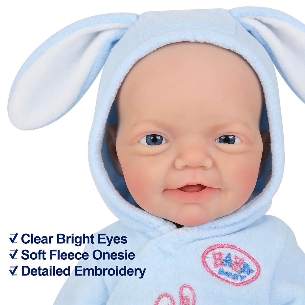 Boneca Bebê Reborn de Silicone Sólido Completo, 20cm, da Blue Bunny, Roupa Fofa de Coelho com Capuz Incluída