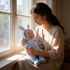 Boneca Bebê Reborn de Silicone Sólido Completo, 20cm, da Blue Bunny, Roupa Fofa de Coelho com Capuz Incluída