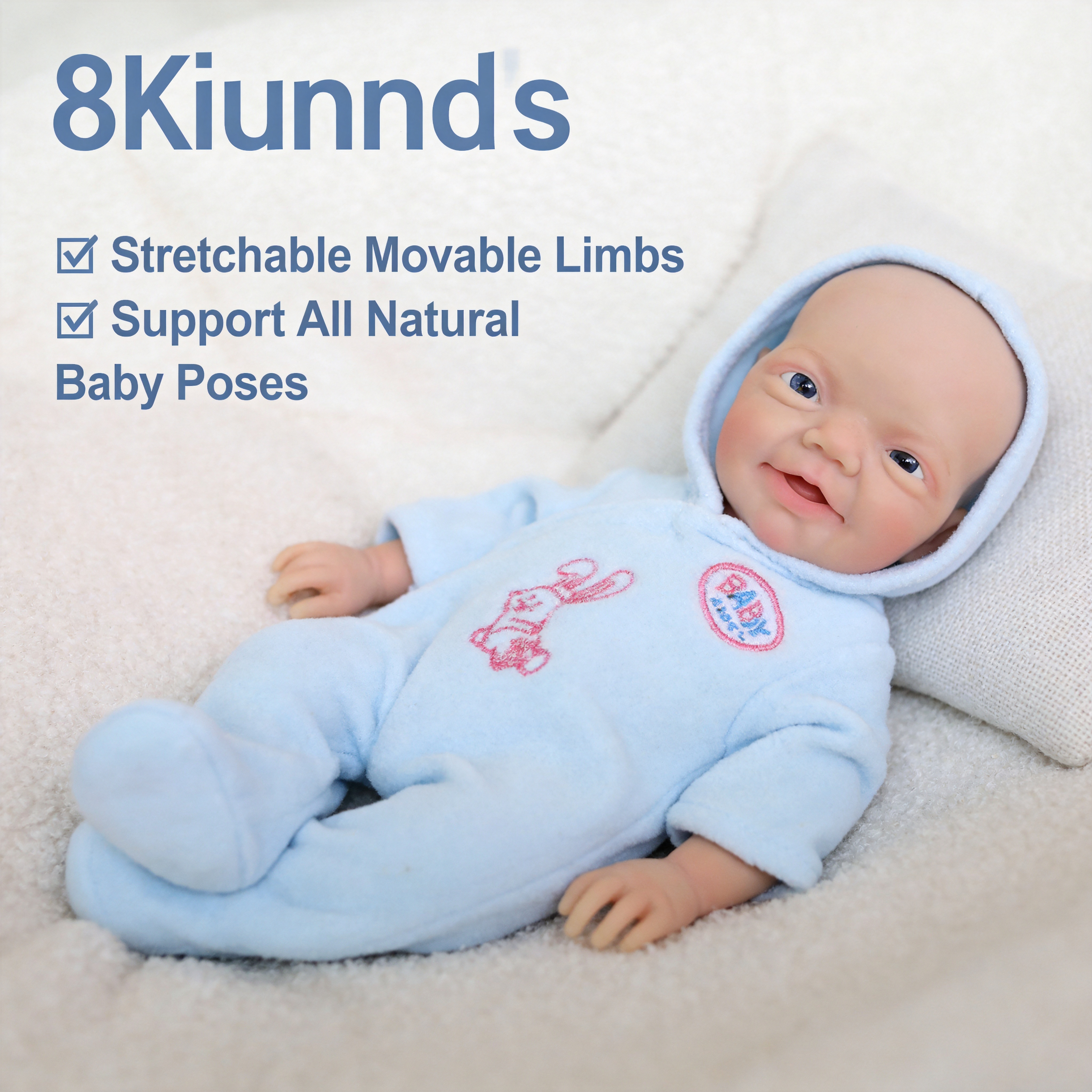 Boneca Bebê Reborn de Silicone Sólido Completo, 20cm, da Blue Bunny, Roupa Fofa de Coelho com Capuz Incluída