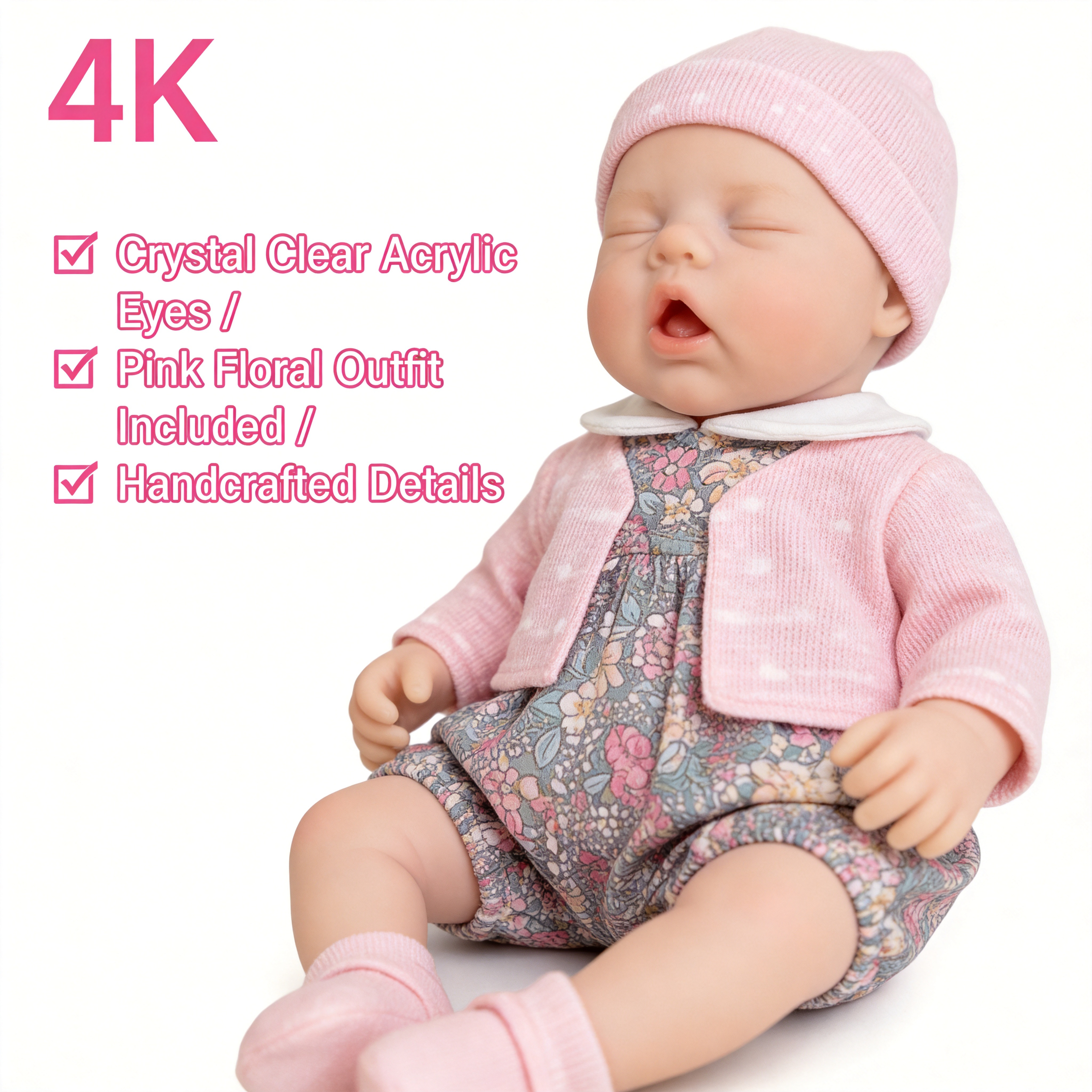 Boneca de Bebê Reborn de Silicone Sólido de 30 cm Olhos Abertos Lily Anne, Macacão Floral Rosa Incluído